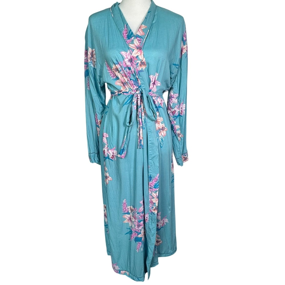 NORDSTROM LINGERIE Women's Medium Blue Floral Rayon Kimono Robe Midi Length Belt